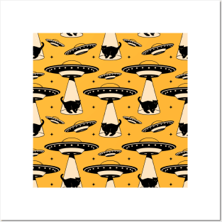 Aliens and Black Cat Pattern in yellow Posters and Art